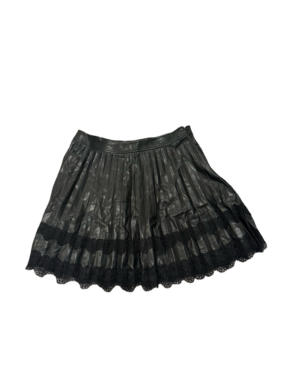 NWT Cinq a Sept Women's Size 14 Black Pleated Vegan Leather with Lace-Hem Skirt